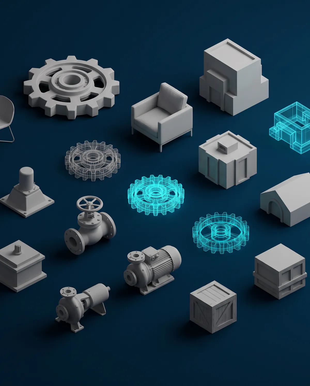 Deretan model 3D abu-abu dan wireframe cyan tersusun rapi seperti pustaka aset