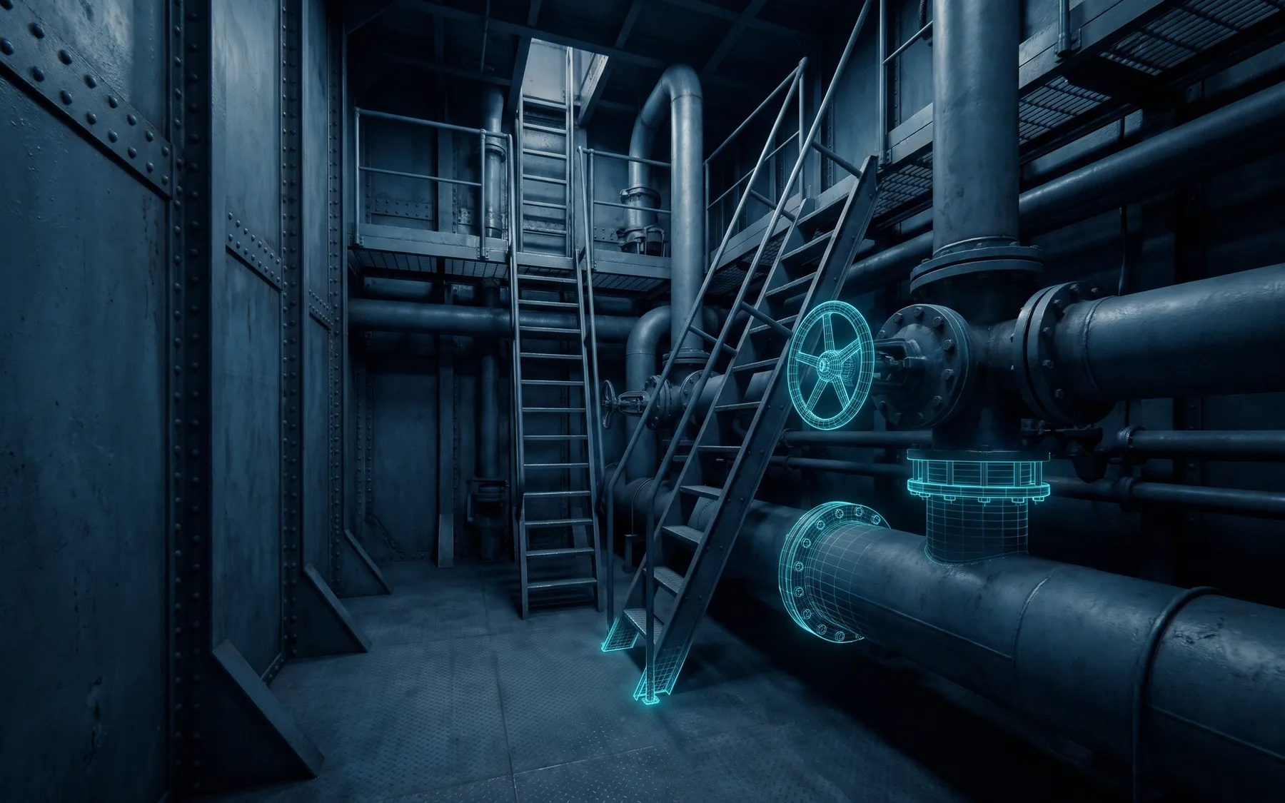 Ruang mesin kapal dalam lingkungan pelatihan VR dengan titik inspeksi bercahaya cyan